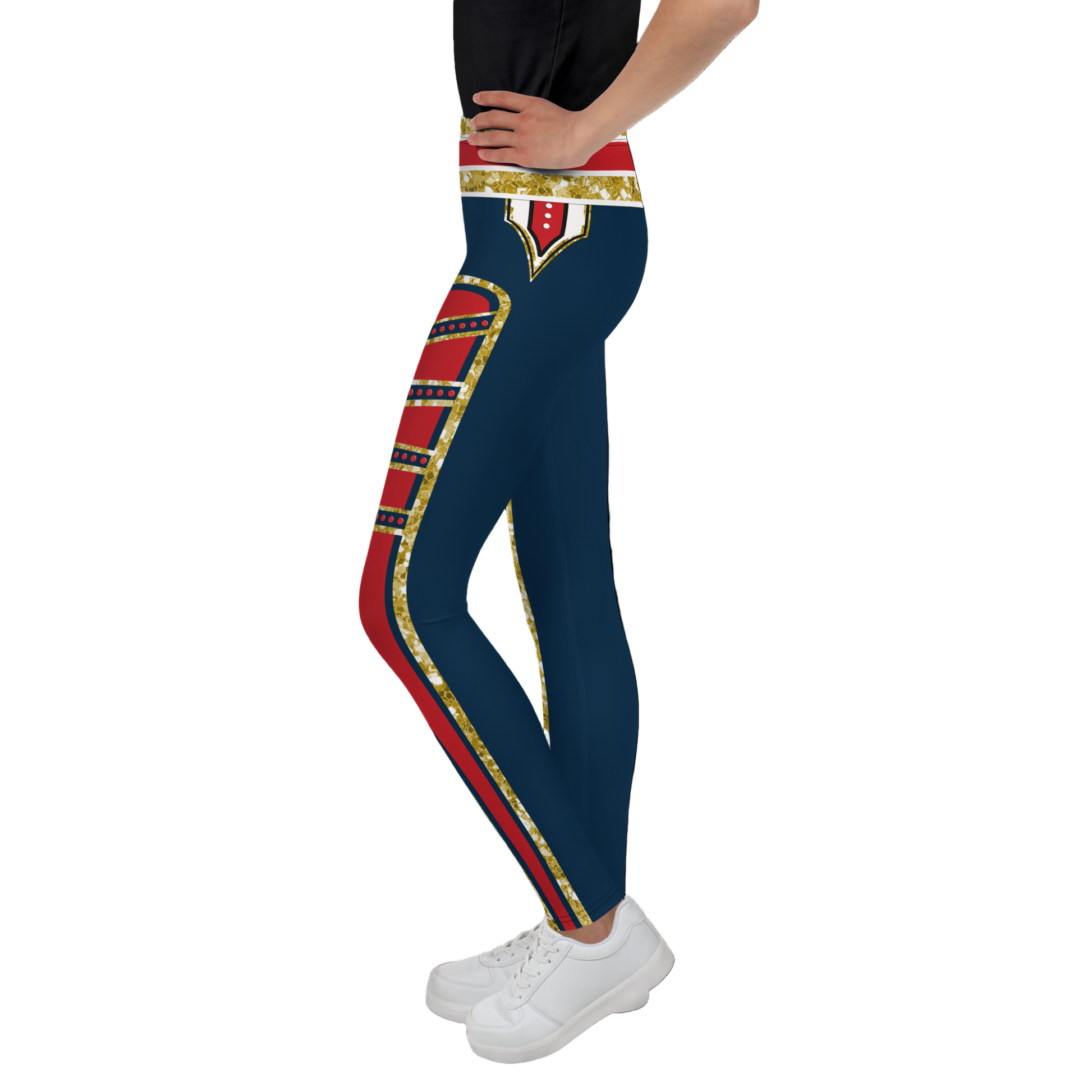 Navy leggings with red and gold accents worn by a person on a white background