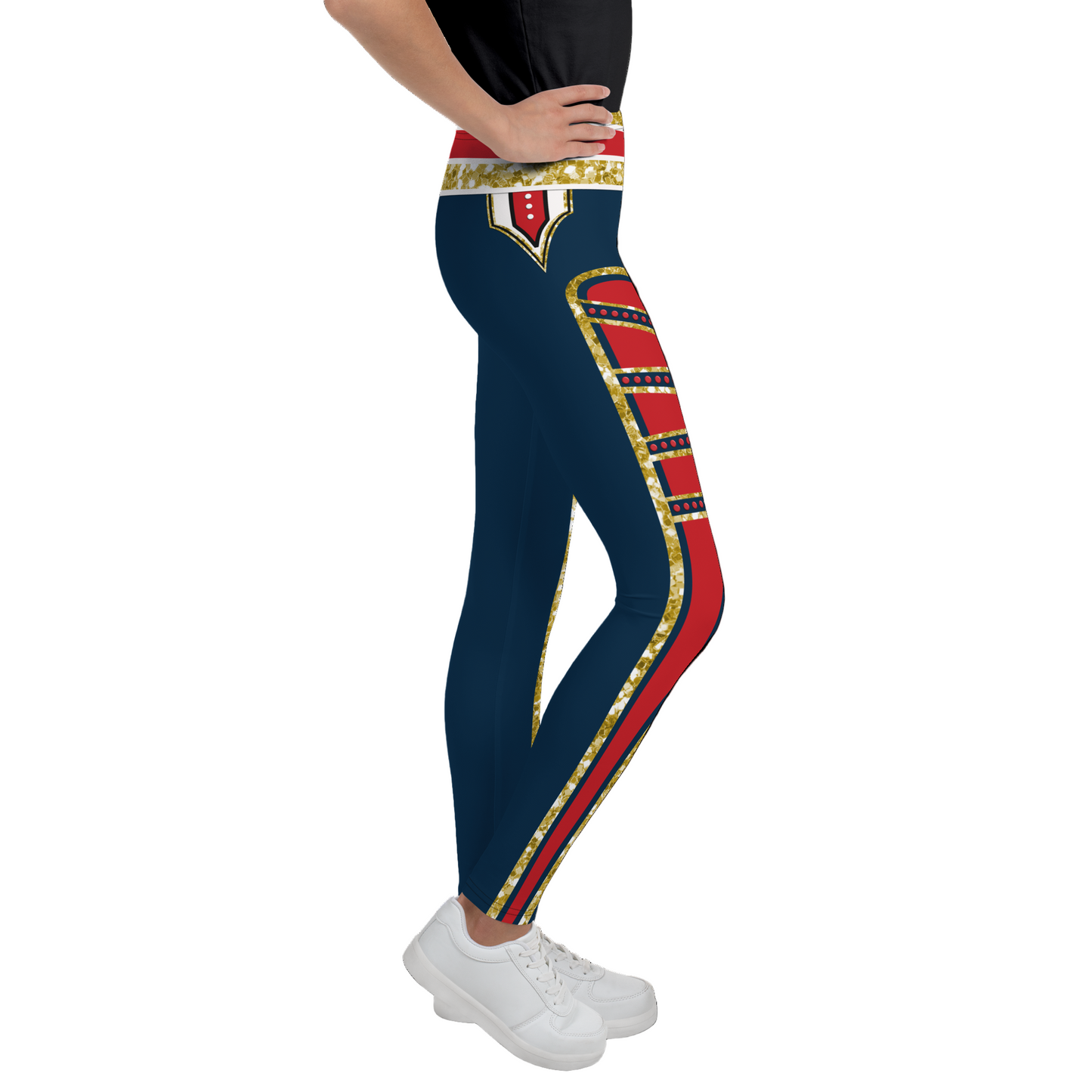Navy leggings with red and gold accents worn by a person on a white background