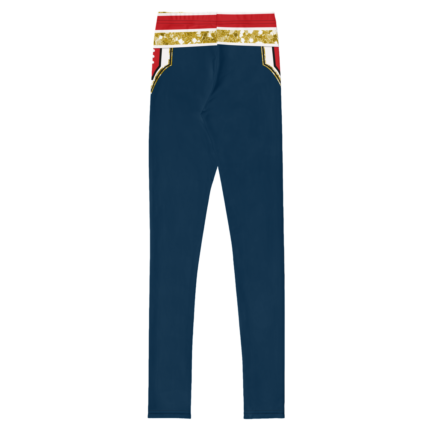 Navy blue leggings with red and gold band at the top on a white background