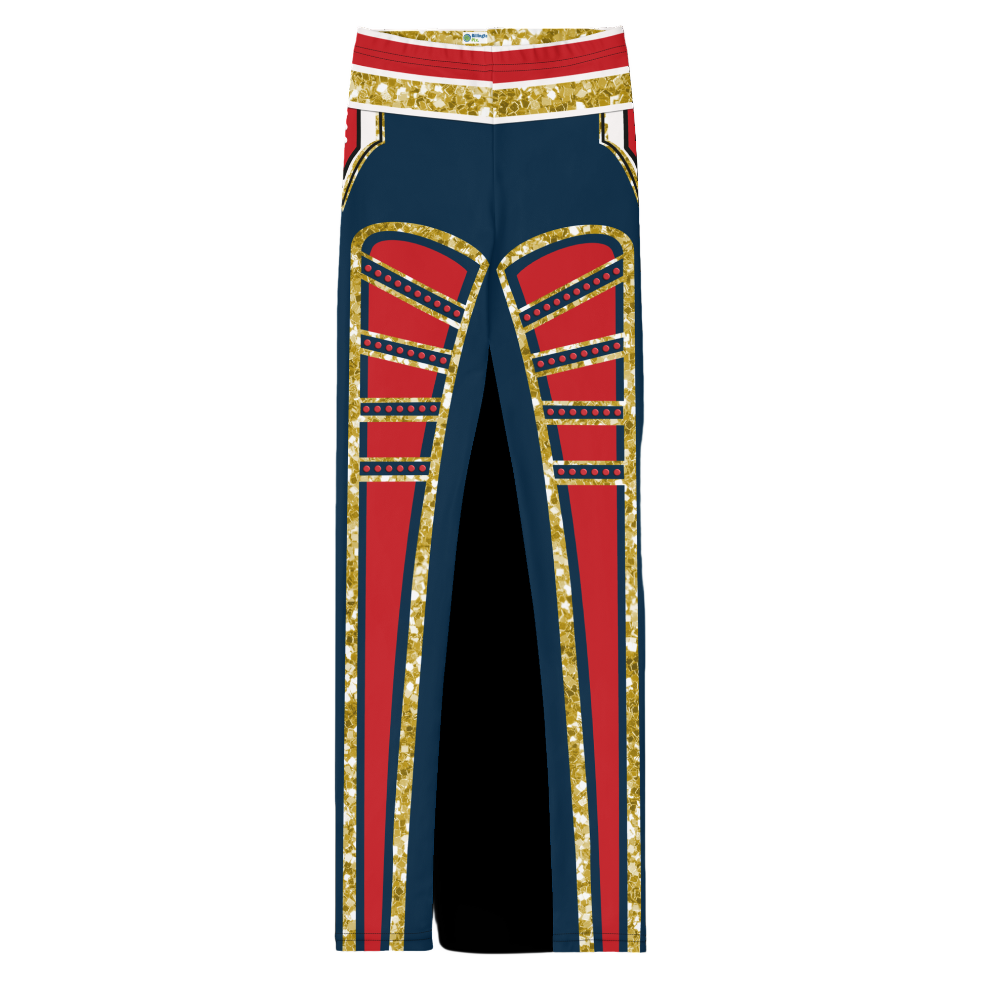 Leggings with red, blue, and gold pattern on a white background