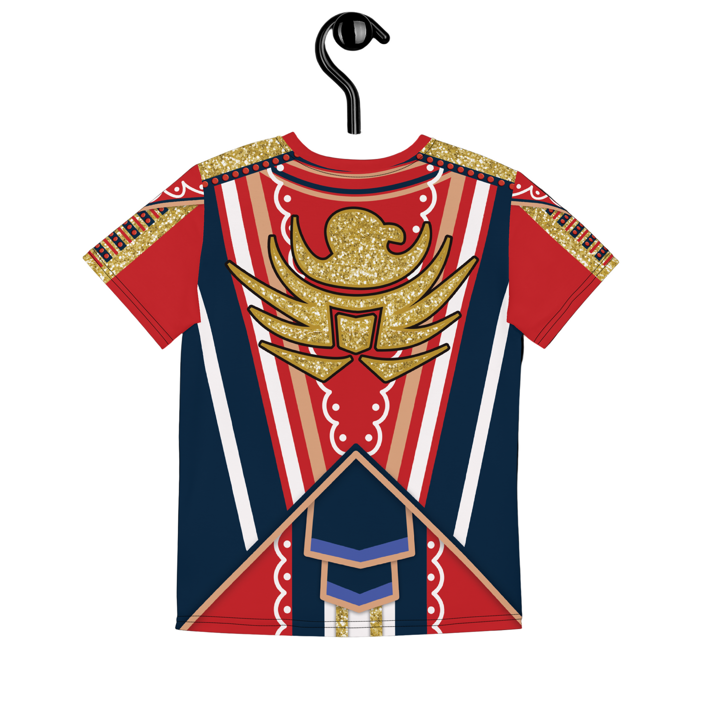 Red and blue printed top on a white background. Wrestling cosplay activewear by BillingtonPix