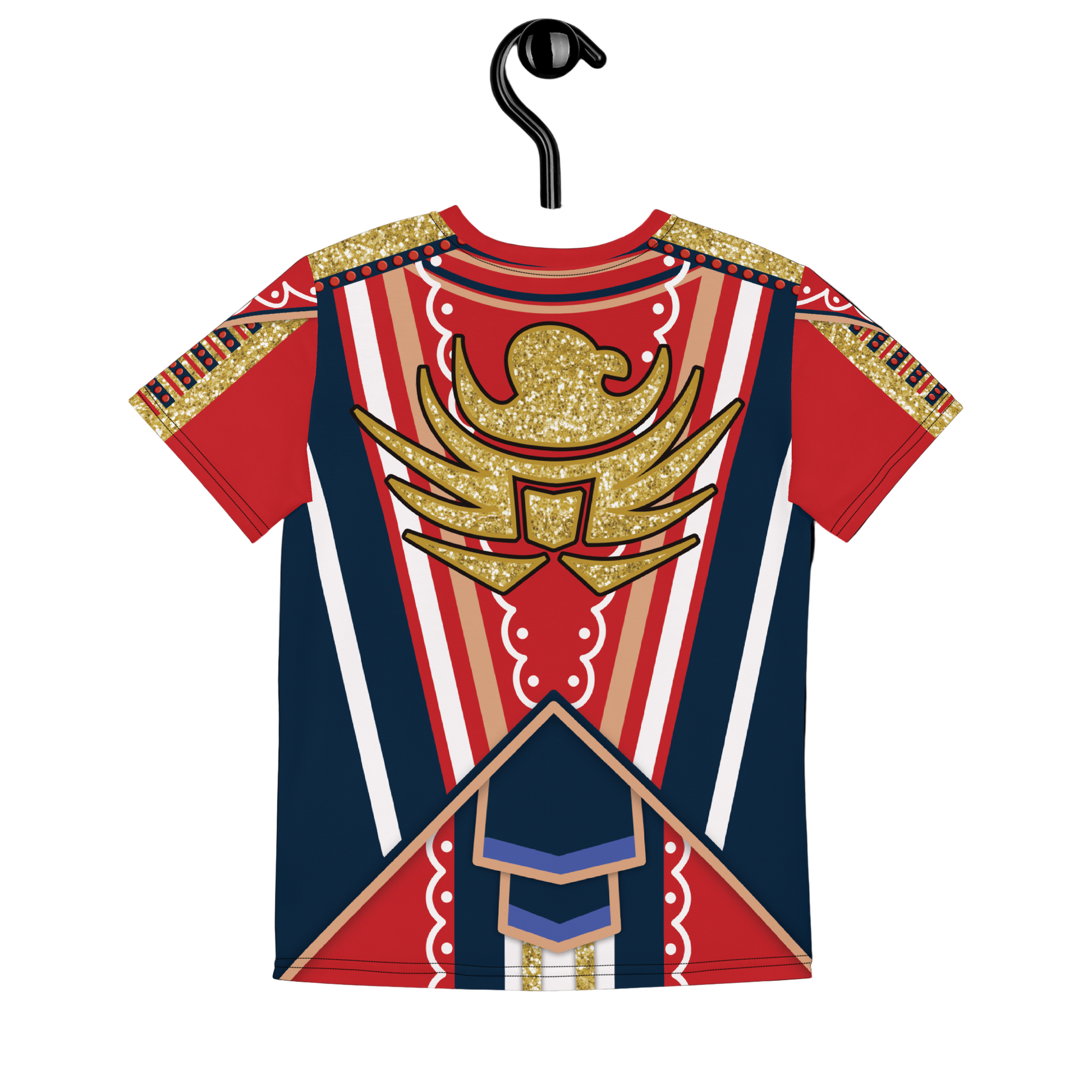 Red and blue printed top on a white background. Wrestling cosplay activewear by BillingtonPix