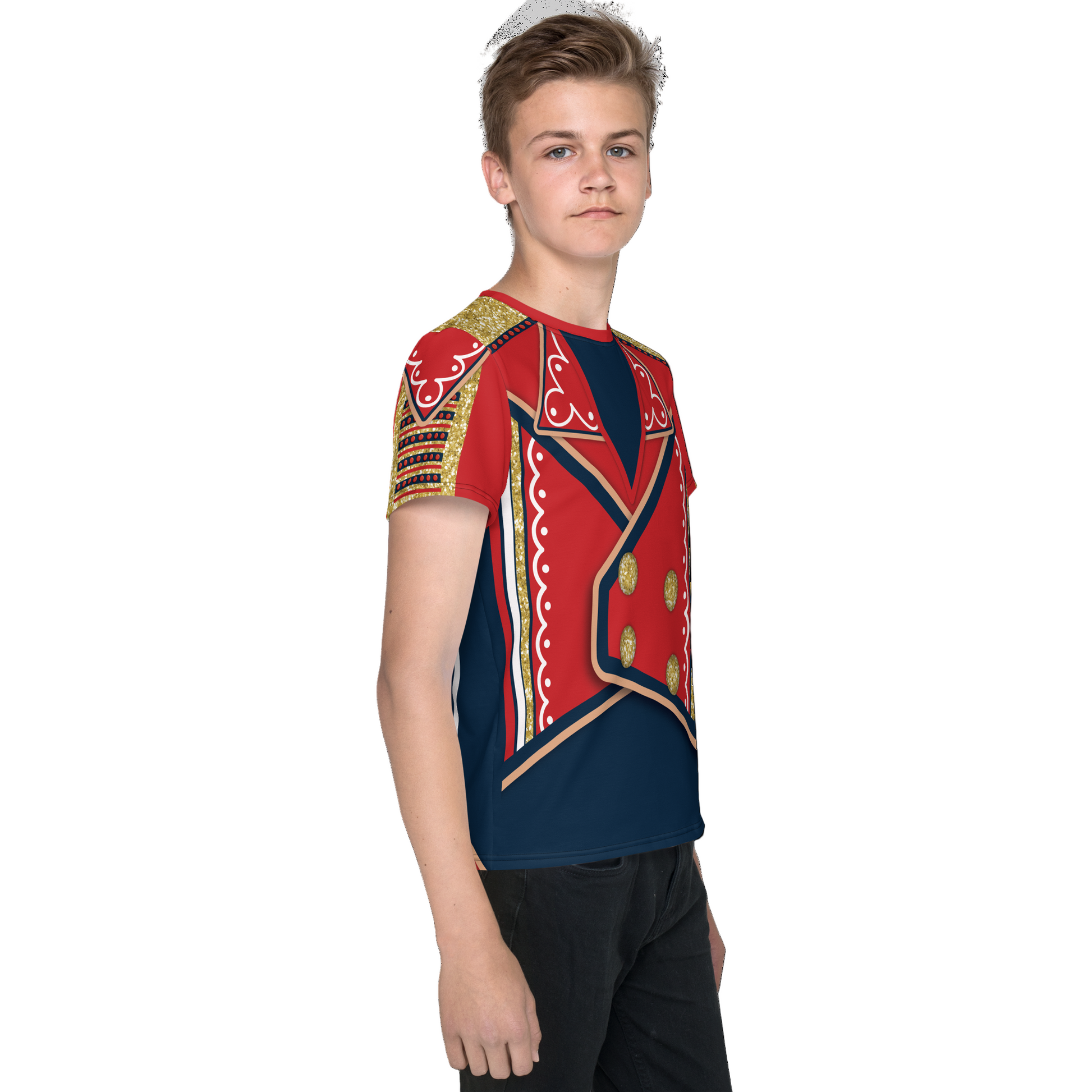 Teenager wearing a red and blue printed top on a white background. Wrestling cosplay activewear by BillingtonPix