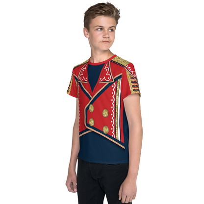 Teenager wearing a red and blue printed top on a white background. Wrestling cosplay activewear by BillingtonPix