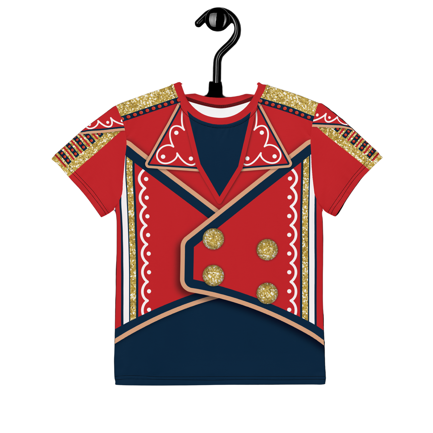 Teenager wearing a red and blue printed top on a white background. Wrestling cosplay activewear by BillingtonPix