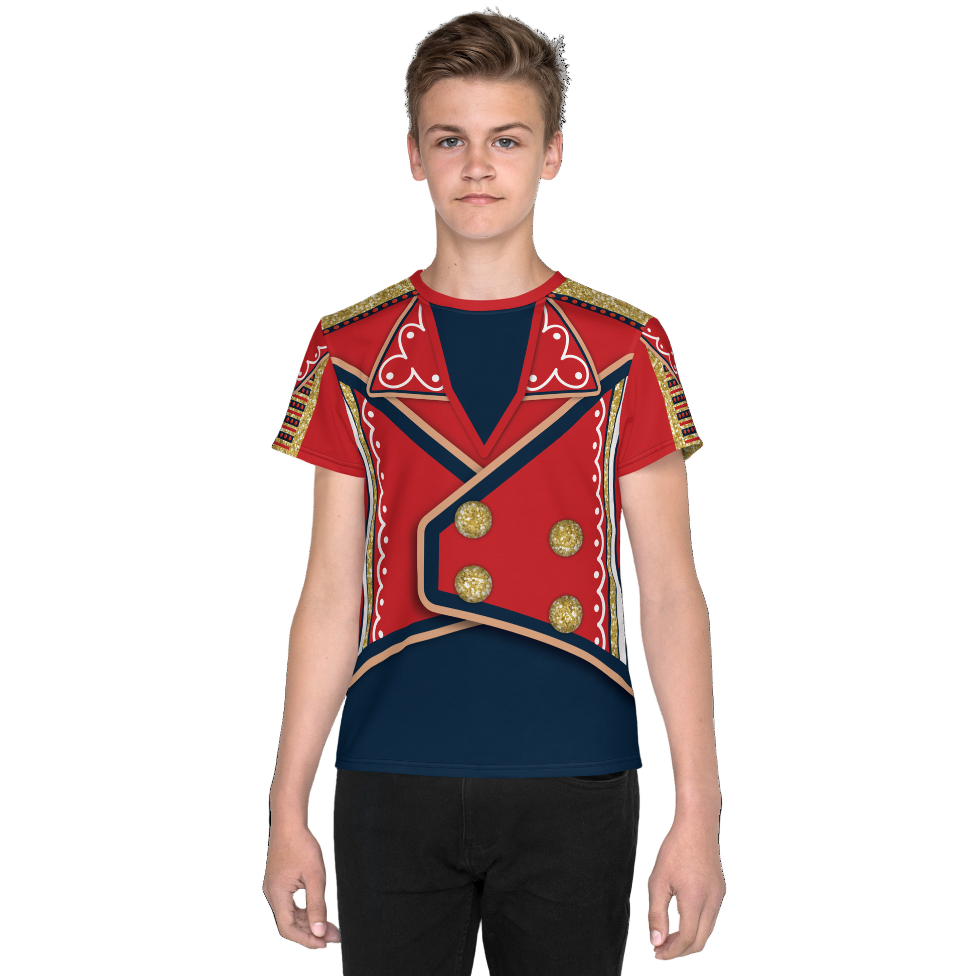 Teenager wearing a red and blue printed top on a white background. Wrestling cosplay activewear by BillingtonPix