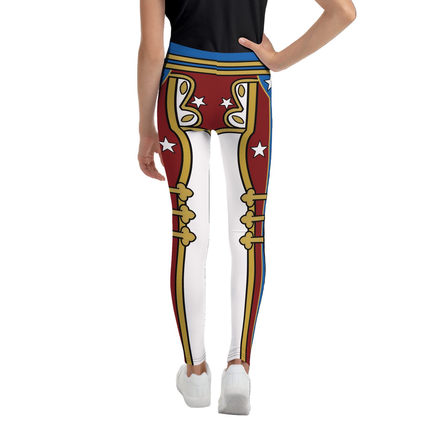 Leggings with a red, gold and white retro military design cosplay wrestling costume worn by a teenager. BillingtonPix cosplay activewear