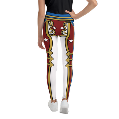 Leggings with a red, gold and white retro military design cosplay wrestling costume worn by a teenager. BillingtonPix cosplay activewear
