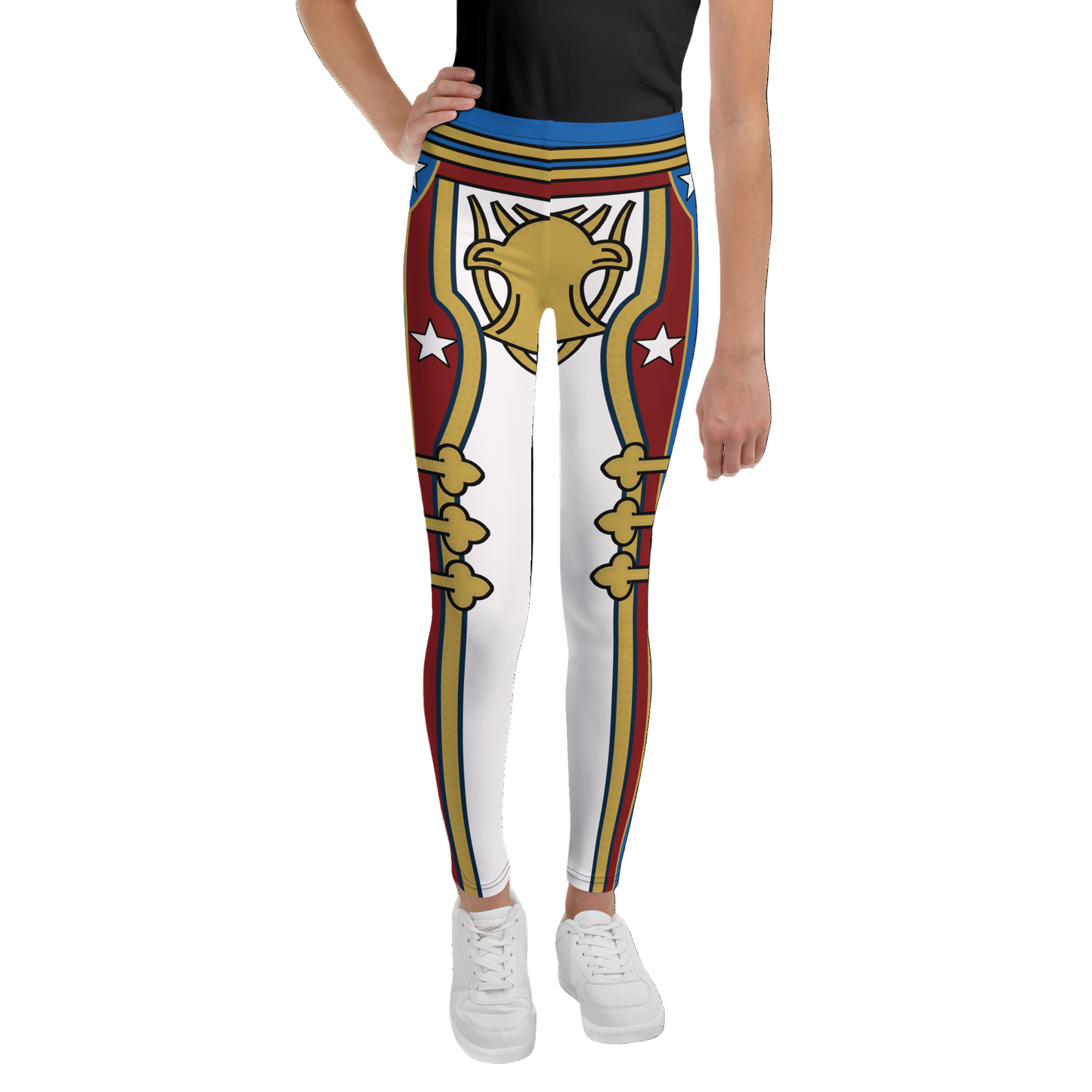 Leggings with a red, gold and white retro military design cosplay wrestling costume worn by a teenager. BillingtonPix cosplay activewear