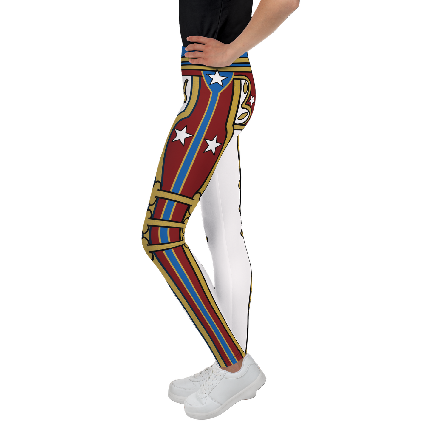 Leggings with a red, gold and white retro military design cosplay wrestling costume worn by a teenager. BillingtonPix cosplay activewear