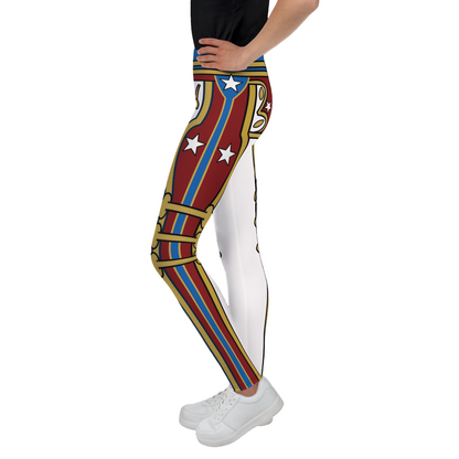 Leggings with a red, gold and white retro military design cosplay wrestling costume worn by a teenager. BillingtonPix cosplay activewear
