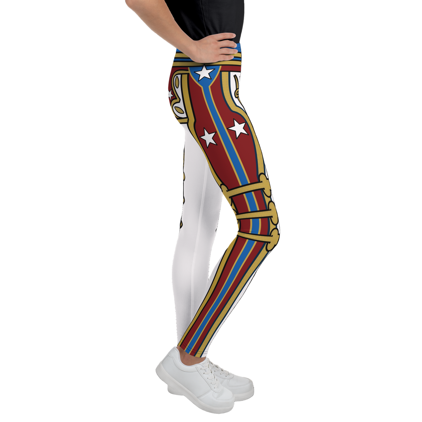 Leggings with a red, gold and white retro military design cosplay wrestling costume worn by a teenager. BillingtonPix cosplay activewear
