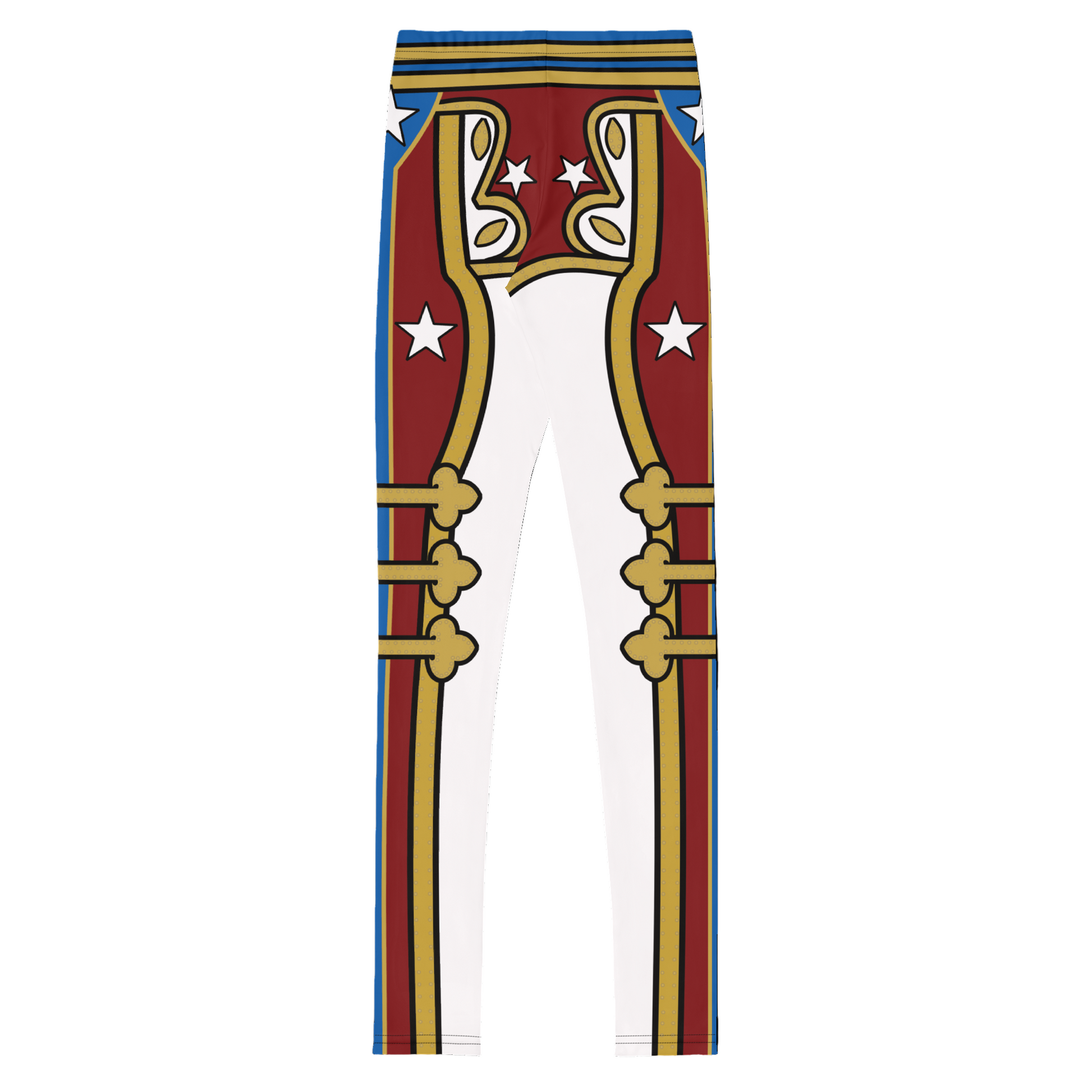 Leggings with a red, gold and white retro military design cosplay wrestling costume. BillingtonPix cosplay activewear