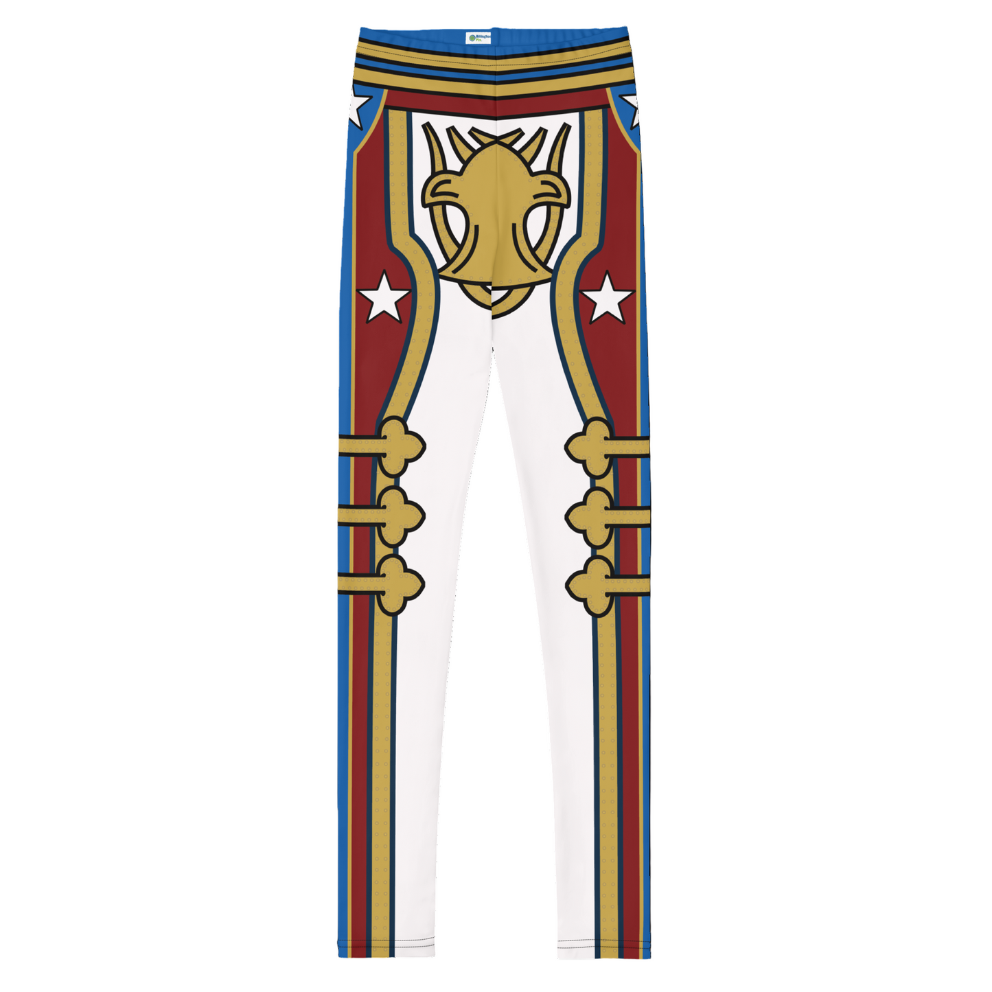 Leggings with a red, gold and white retro military design cosplay wrestling costume. BillingtonPix cosplay activewear
