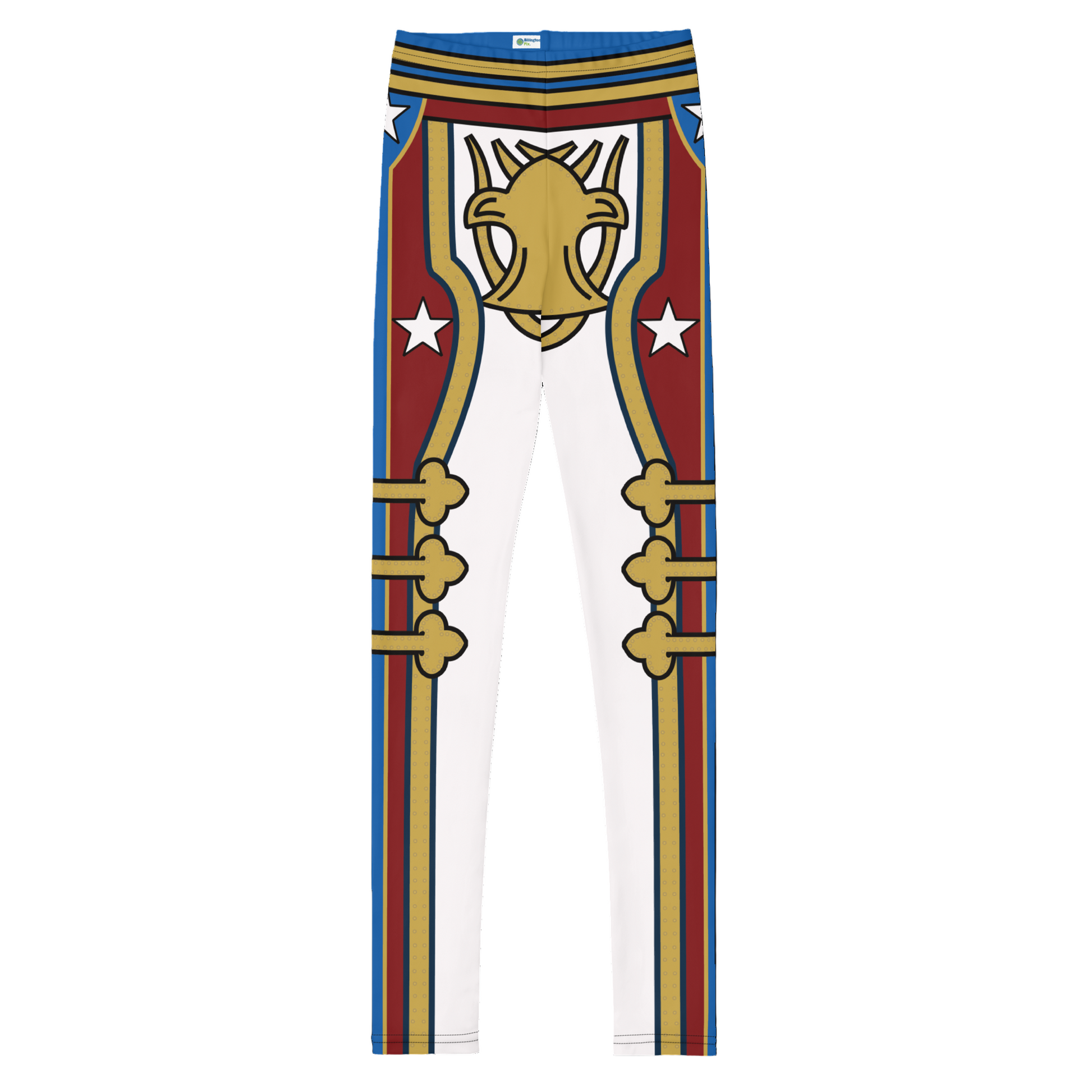 Leggings with a red, gold and white retro military design cosplay wrestling costume. BillingtonPix cosplay activewear