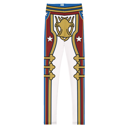 Leggings with a red, gold and white retro military design cosplay wrestling costume. BillingtonPix cosplay activewear