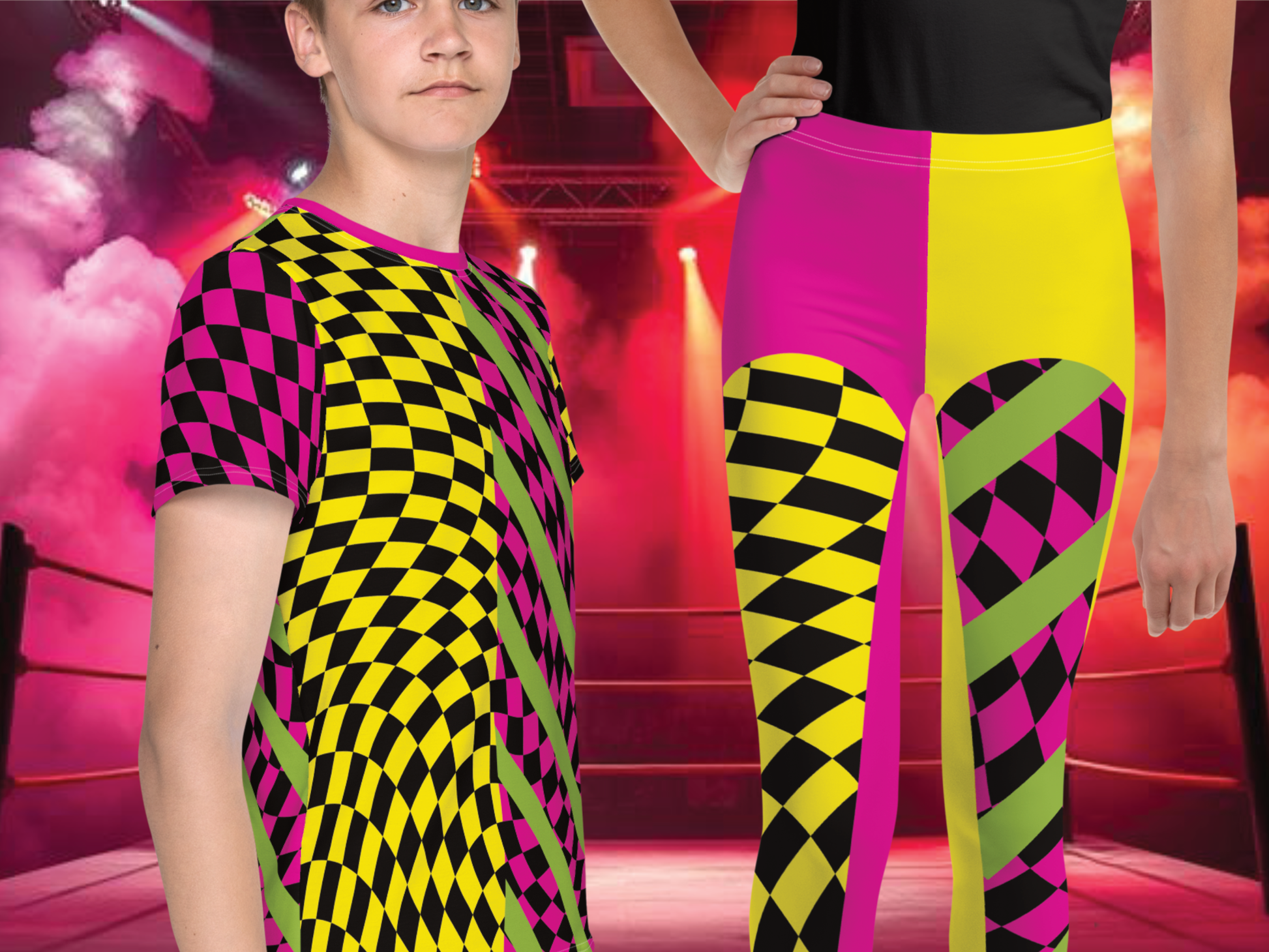 Teenagers wearing a colorful yellow and pink checkered wrestling cosplay activewear costume consisting of t-shirt and leggings with a vibrant background of a wrestling ring