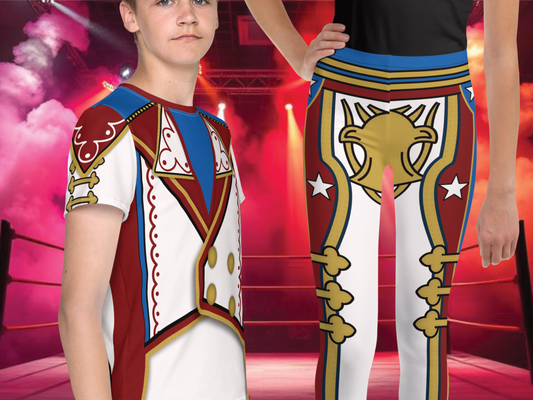 Leggings and matching t-shirt with a red, gold and white retro military design cosplay wrestling costume worn by a boy and girl teenager standing in a wrestling ring.  BillingtonPix cosplay activewear