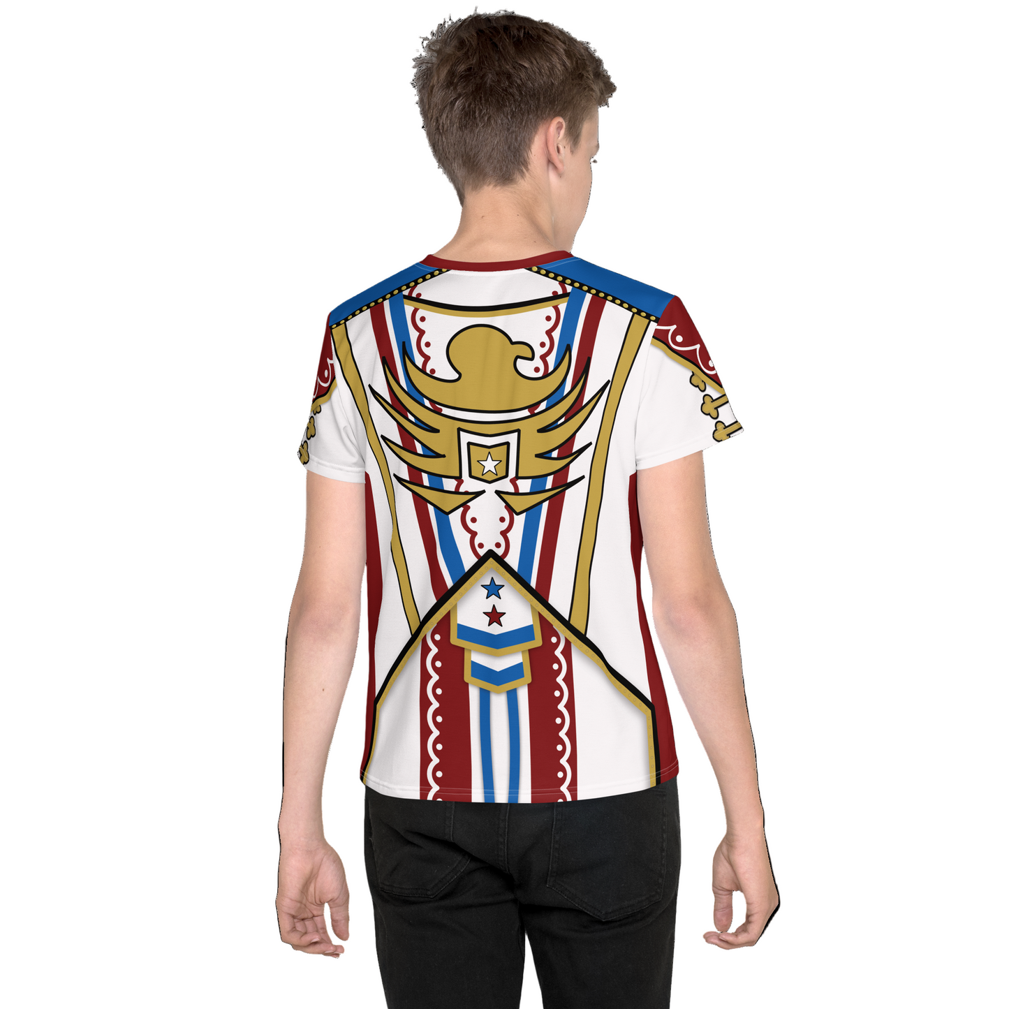 Leggings with a red, gold and white retro military design cosplay wrestling t-shirt costume with gold glitter abstract eagle worn by a teenager. BillingtonPix cosplay activewear