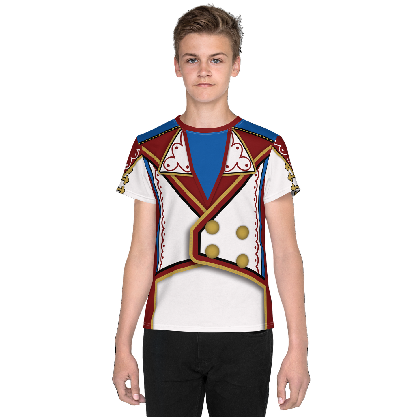 Leggings with a red, gold and white retro military design cosplay wrestling costume worn by a teenager. BillingtonPix cosplay activewear