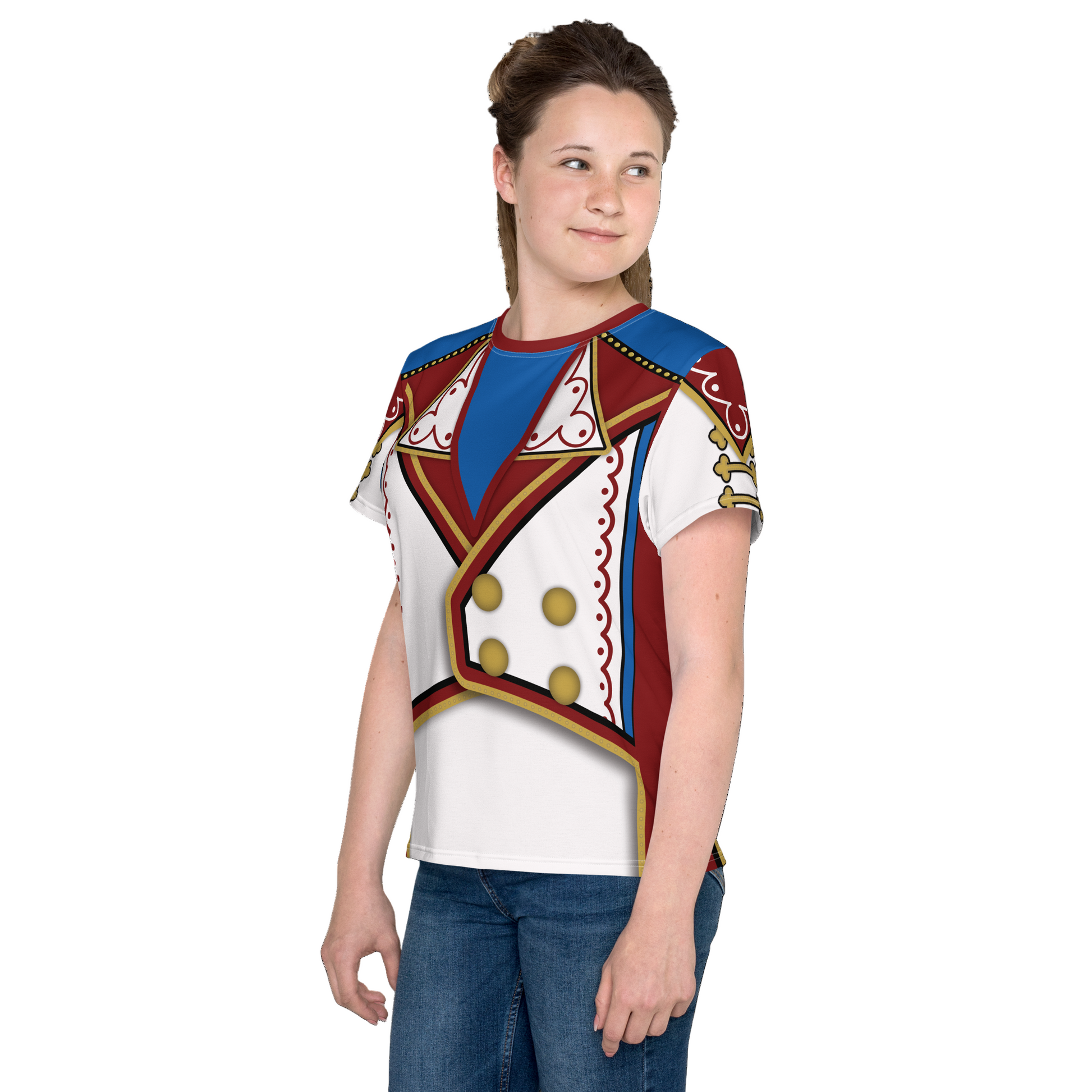 Leggings with a red, gold and white retro military design cosplay wrestling t-shirt costume worn by a teenager. BillingtonPix cosplay activewear