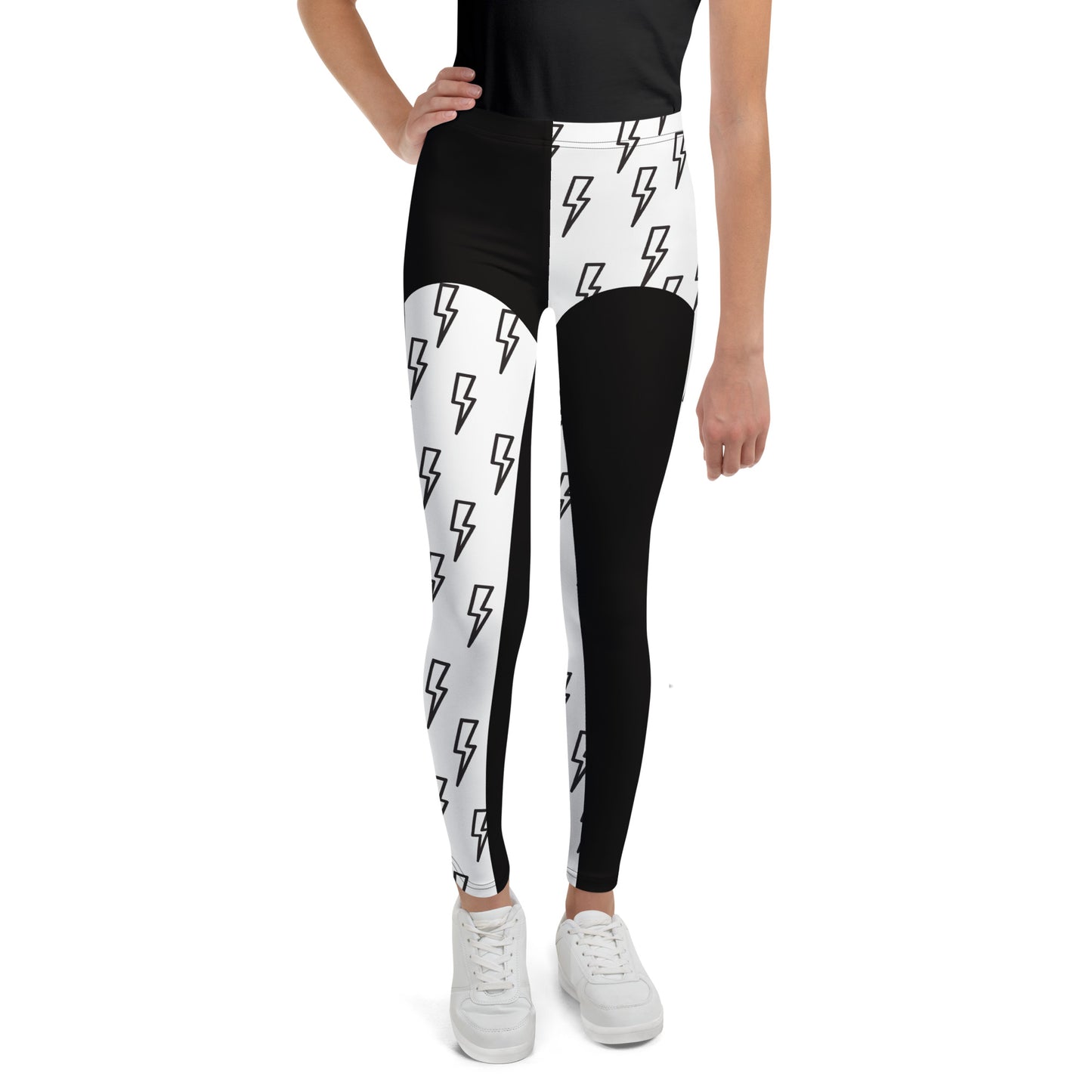 Front view of youth wrestling cosplay leggings with lightning bolt print in black and white