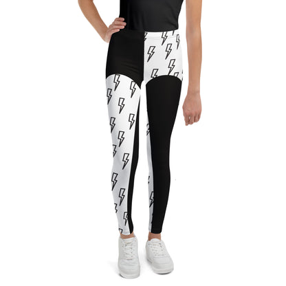 Front view of youth wrestling cosplay leggings with lightning bolt print in black and white