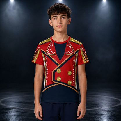 Teenager wearing a red and gold theatrical American hero wrestling costume on a dark background