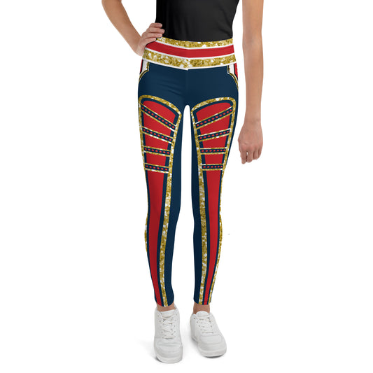 Youth pro wrestling cosplay leggings with red, gold, and navy circus-style design