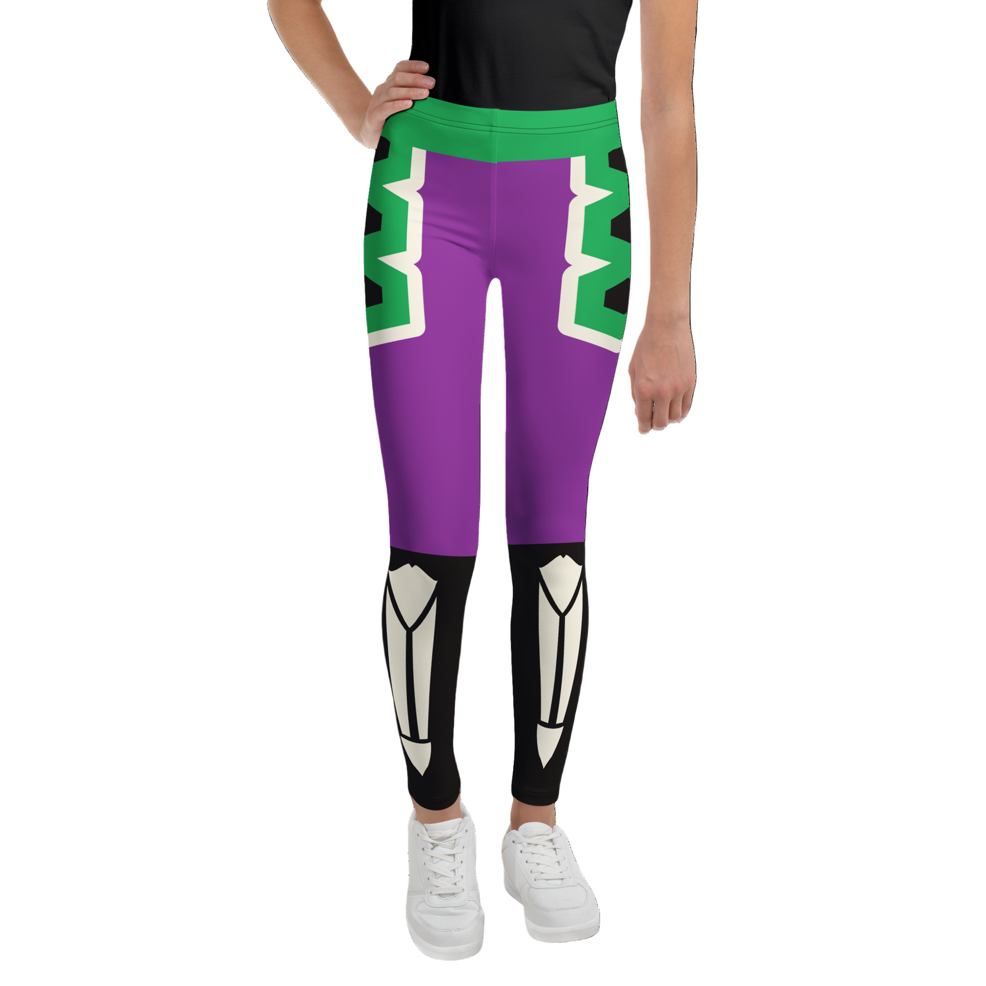 Purple leggings with green waistband and black and white design on a white background
