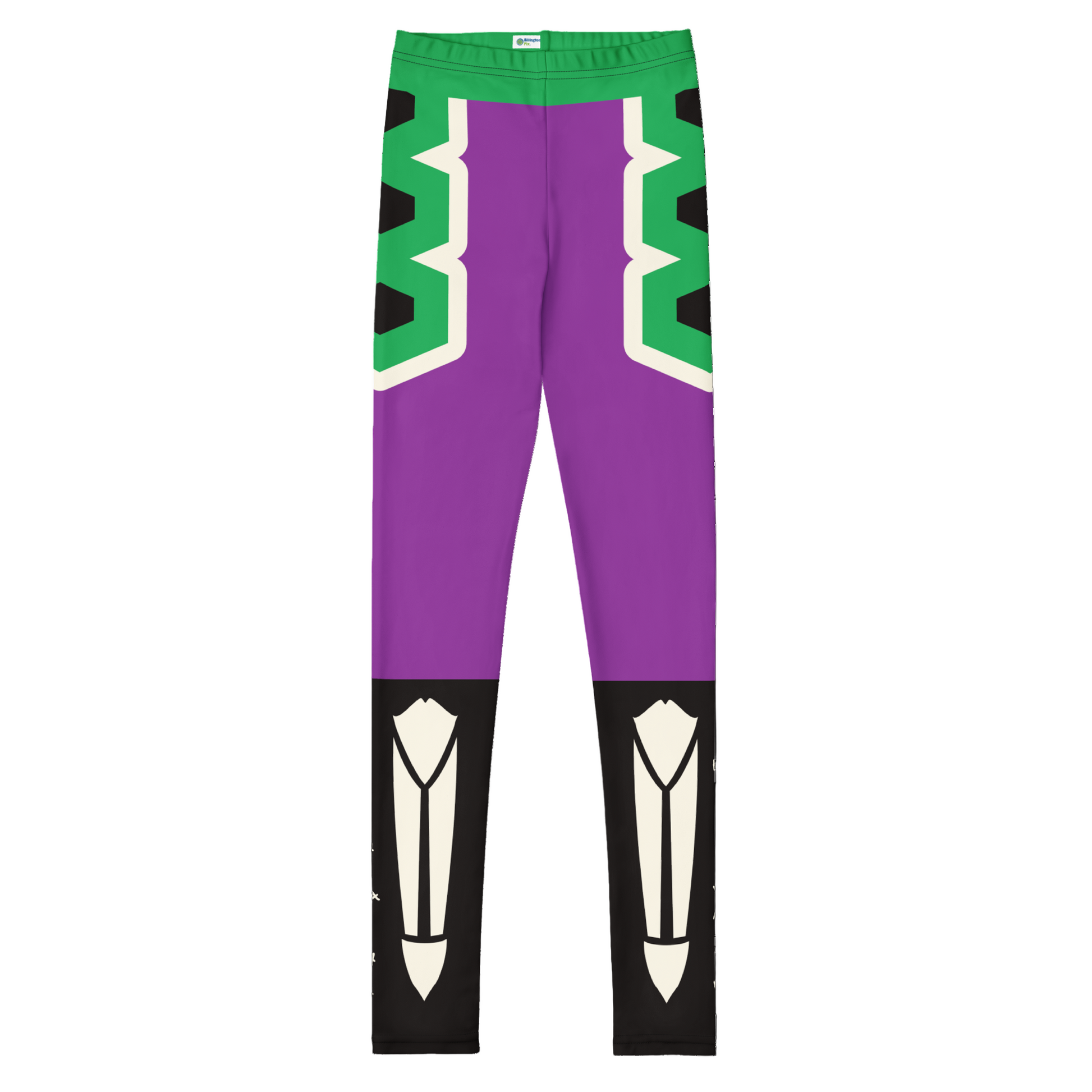 Purple leggings with green, black, and white geometric patterns with skeleton design legs