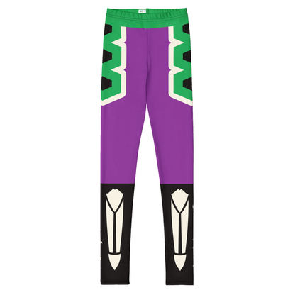 Purple leggings with green, black, and white geometric patterns with skeleton design legs