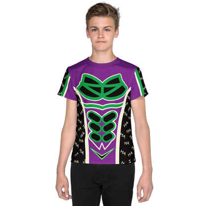 Child wearing a superhero costume t-shirt with a green and purple design on a white background