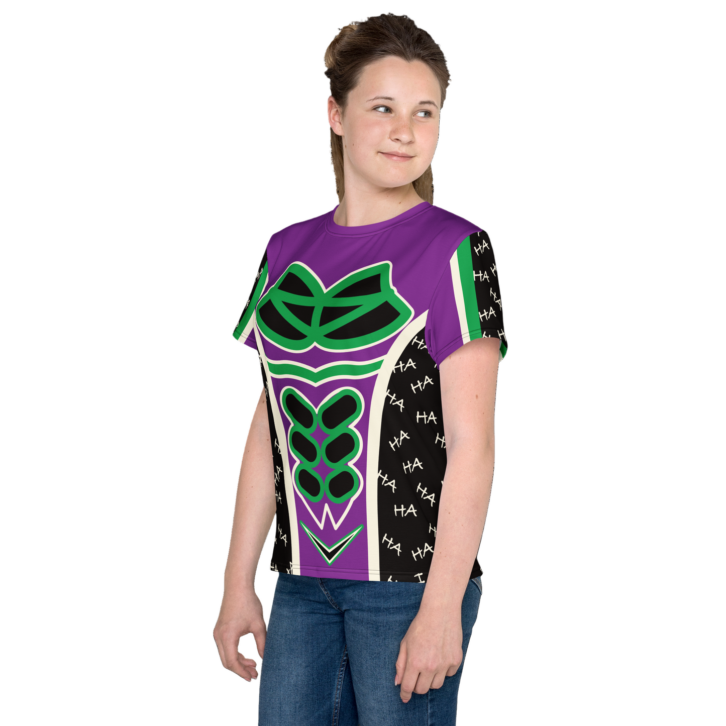 Person wearing a colorful t-shirt with graphic designs on a white background