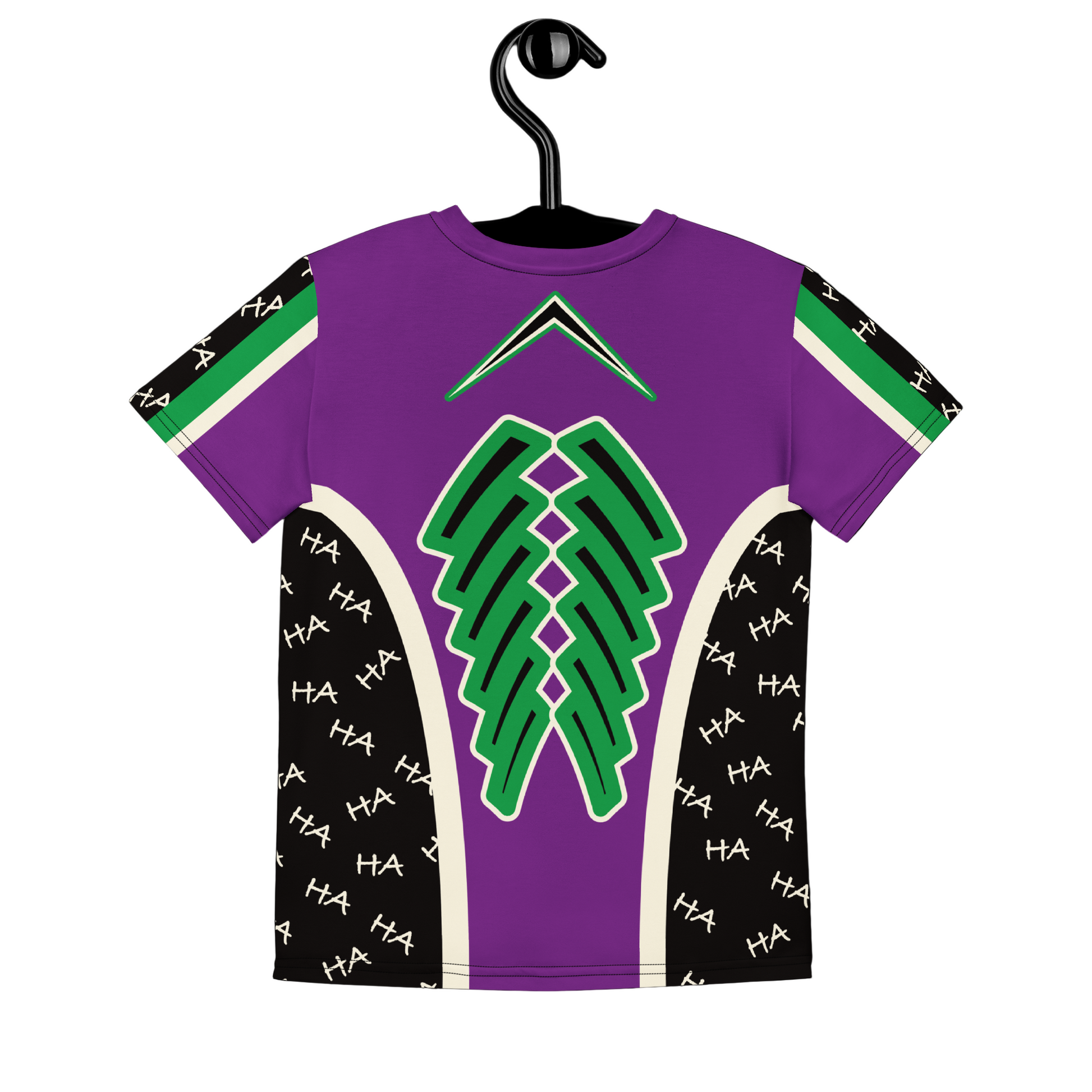 Purple t-shirt with green skeleton design and black patterns on a hanger