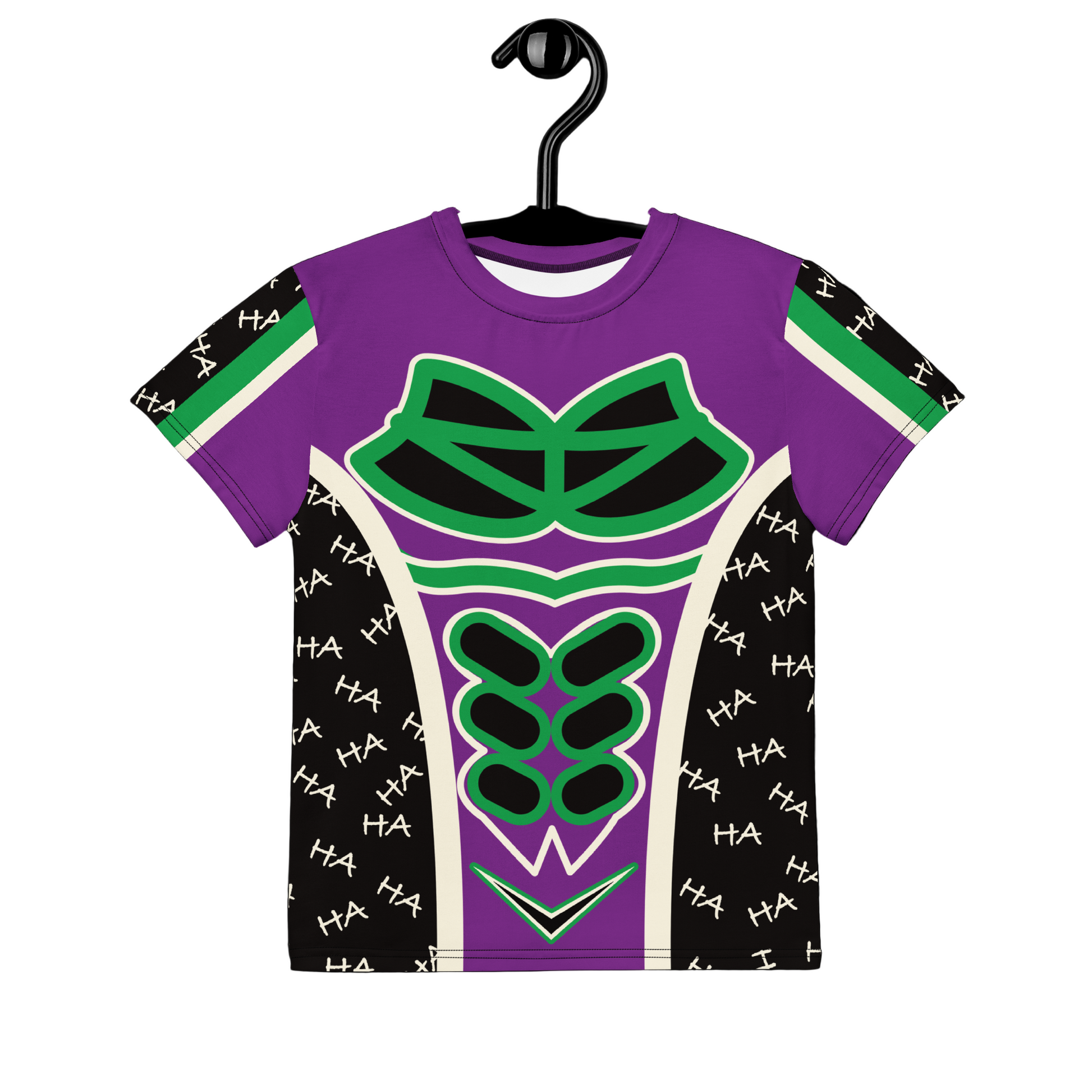 Purple t-shirt with green and black design on a hanger against a white background