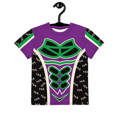 Purple t-shirt with green and black design on a hanger against a white background