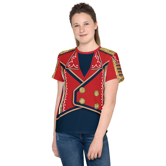 All over print t-shirt for wrestler hero fans in red, gold and blue with mock braid and buttons in retro military style. Wrestling hero cosplay costume by BillingtonPix