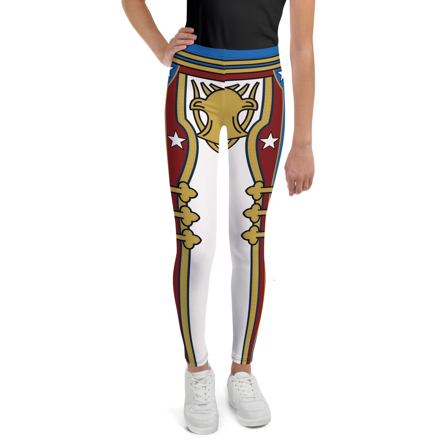 Fun American pro wrestling inspired leggings for youth and teenager in white with red and gold military design. mid-rise elasticated waistband and ankle length legs. Gender neutral fit.