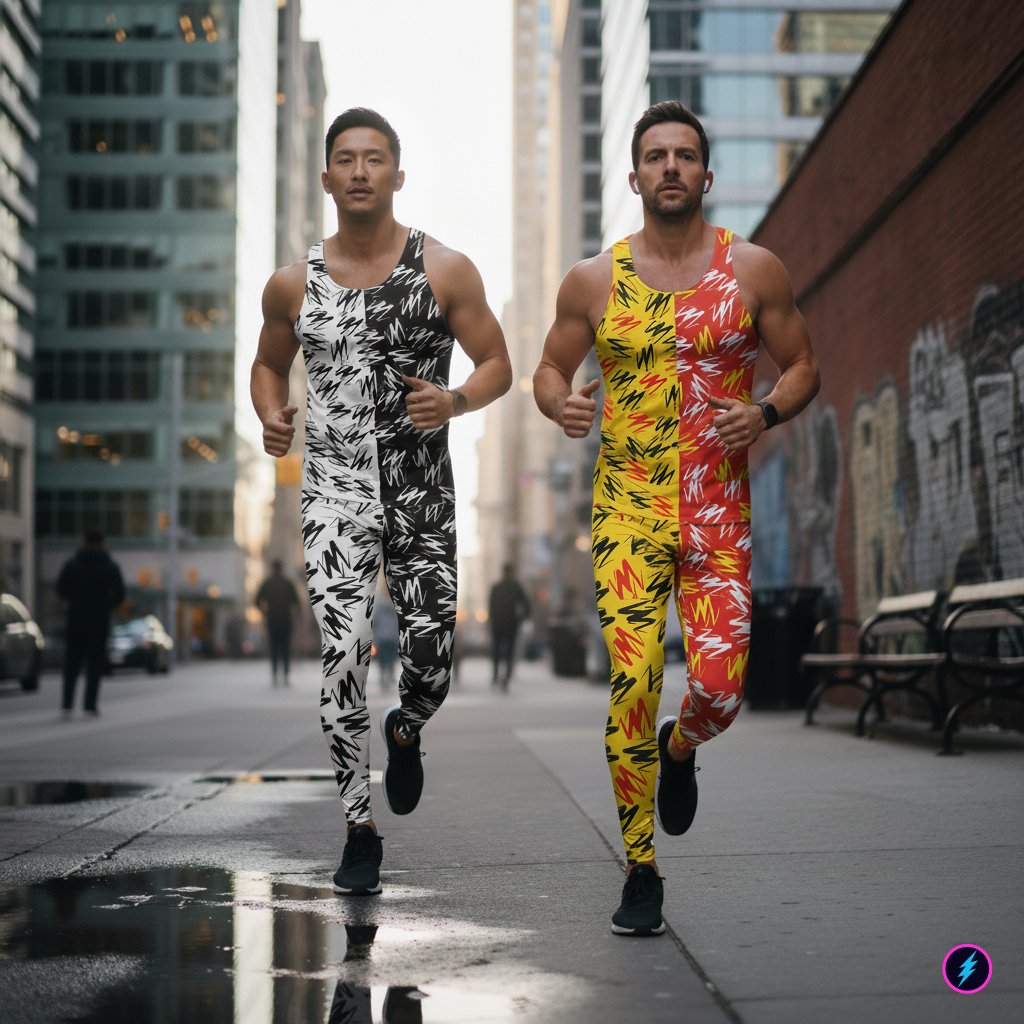 
                Two men in zigzag patterned leggings and tank tops jog down a New York street.
              
