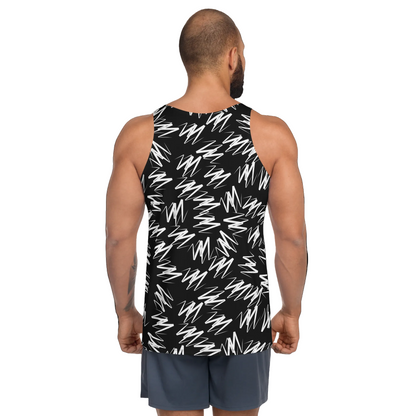 Man wearing a black tank top with white geometric pattern on a white background