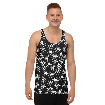 Man wearing a black tank top with white abstract pattern on a white background