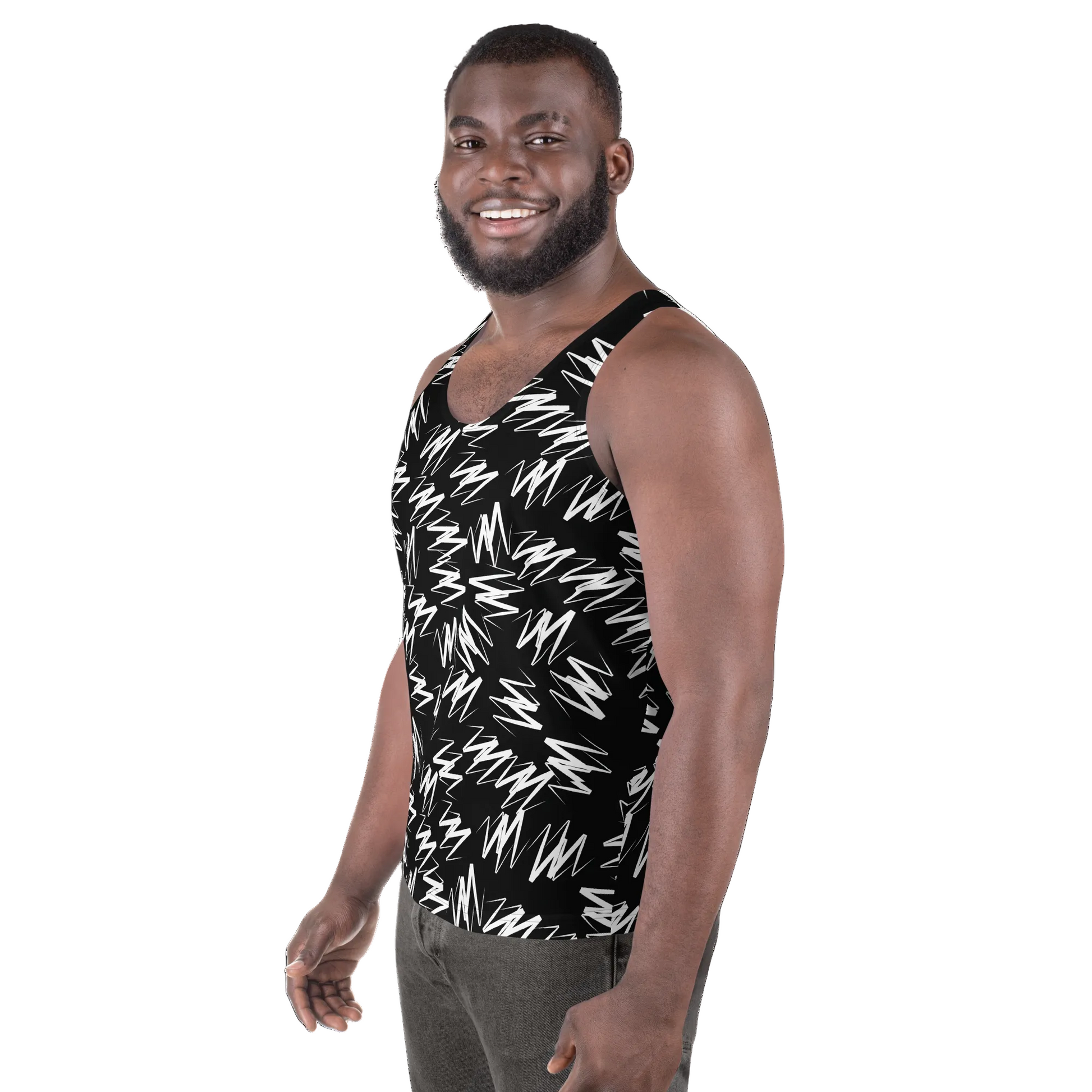 Man wearing a black tank top with white abstract pattern on a white background
