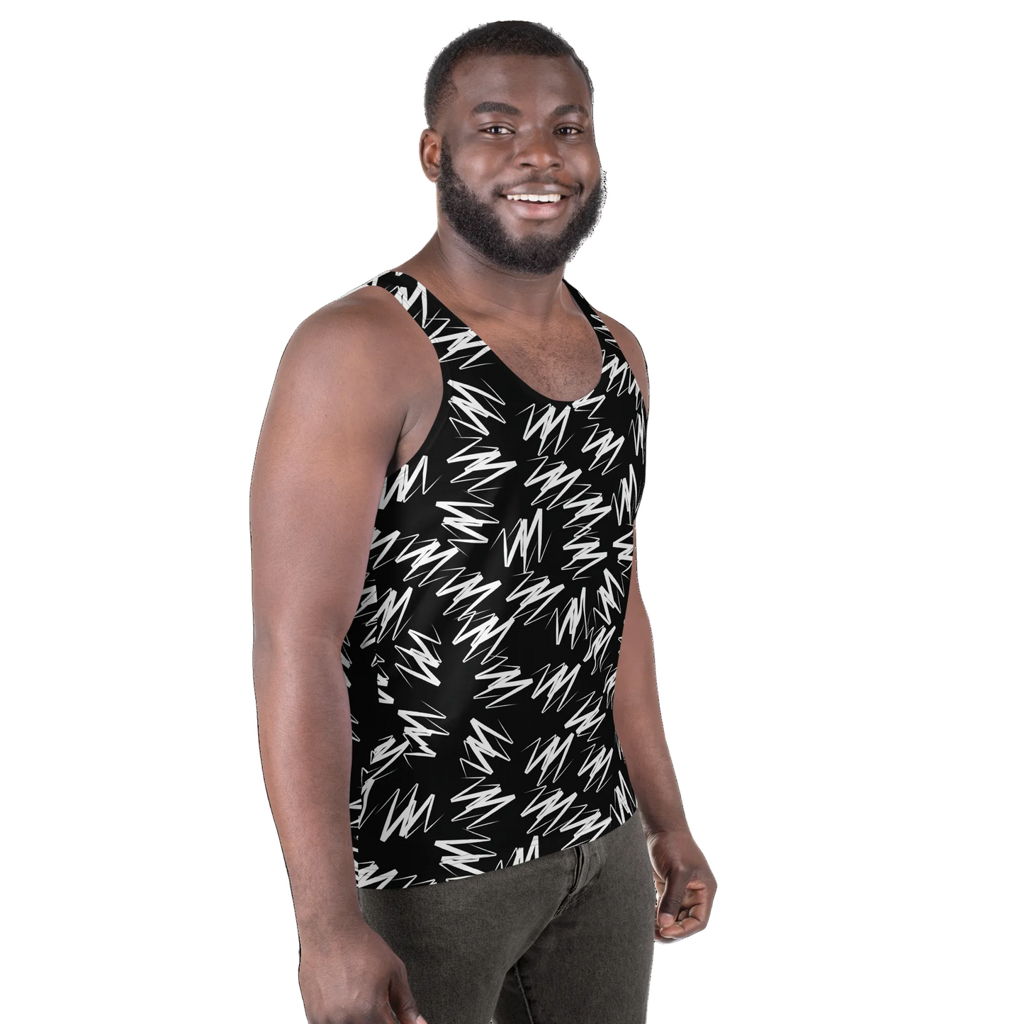 Man wearing a black tank top with white pattern on a white background