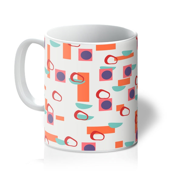 Mid-Century Modern retro 50s style coffee mug inspired by Alexander Girard in tones of tones of orange, purple, pink, red and turquoise