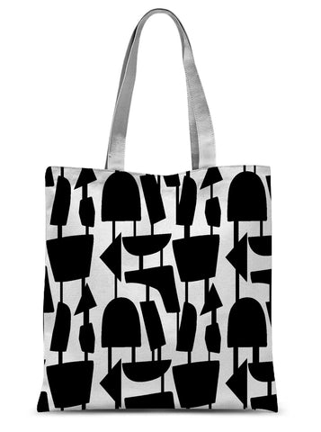  This Mid-Century Modern style tote design consists of black geometric shapes on a white background, connected by narrow tentacles to form and almost hanging mobile type abstract pattern
