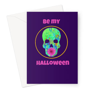 Spoopy skull and flower Halloween card in purple