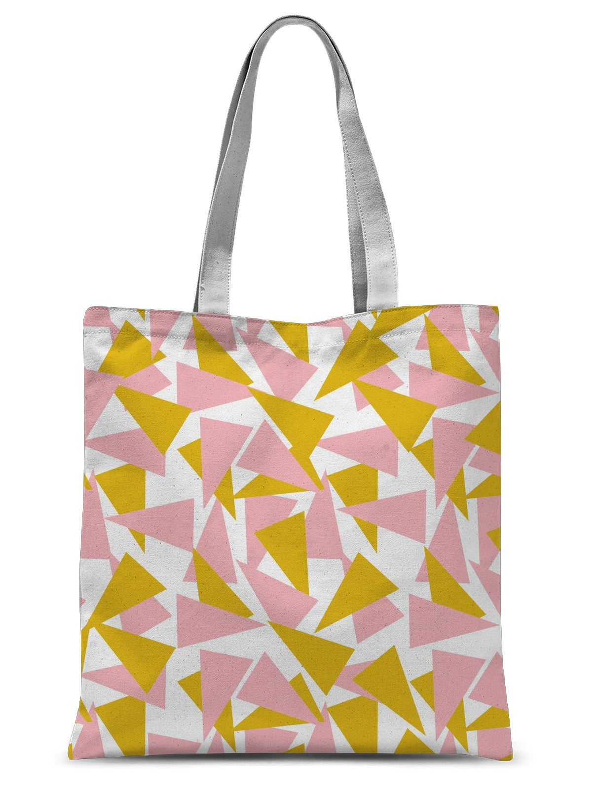 This Mid-Century Modern style tote bag pattern design consists of colorful pink and orange geometric triangle shapes in a retro style deign pattern against a white background