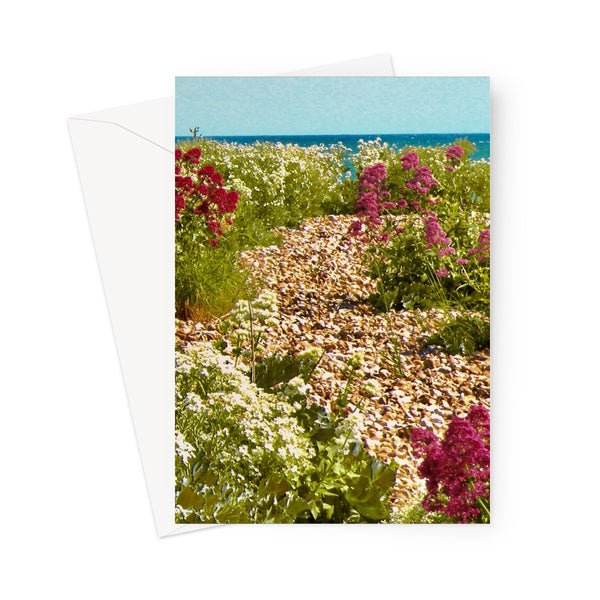 Greeting card showing multicoloured Valerian on the shingle beach of the Sussex coast. In the background the aquamarine colours of the sea split at the horizon with a pale blue sky