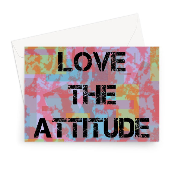 This vintage style blank greeting card design consists of colorful abstract background with the words Love the Attitude emblazoned across the front